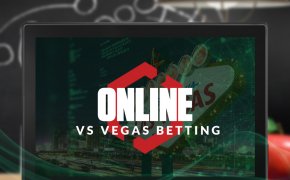 Online vs Vegas Betting overlay on open laptop