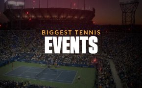 Biggest tennis events text overlay on tennis stadium