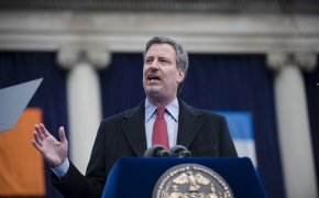 New York City Mayor Bill de Blasio giving a speech
