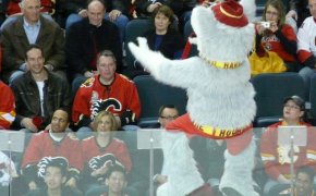 Calgary Flames mascot Harvey the Hound pumping up the crowd
