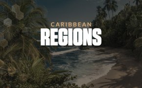 Caribbean regions text overlay on picturesque beach