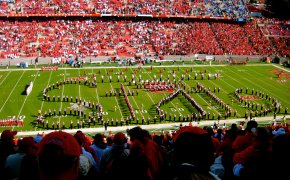 Wide shot of NC State marching band on the field