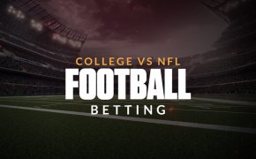 College vs NFL football betting text overlay on football field