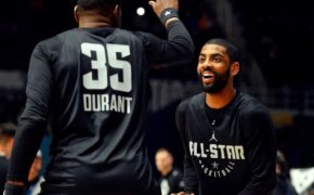 Kyrie Irving warming up with Kevin Durant