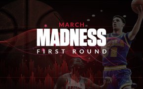 March madness first round text overlay on basketball player shooting