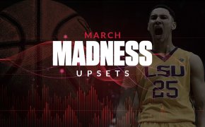 March madness upsets text overlay on basketball player yelling
