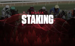 Maria staking text overlay on horse race