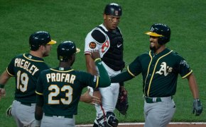 Oakland A's celebrate at home plate