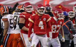Kansas City Chiefs quarterback Chad Henne celebrating after a run during the NFL divisional round football game against the Cleveland Browns.