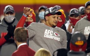 Kansas City Chiefs quarterback Patrick Mahomes celebrating with his teammates after the AFC championship game.