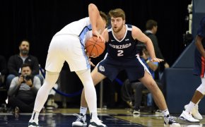 Gonzaga's Drew Timme guarding an opponent