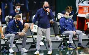 Notre Dame Fighting Irish head coach Mike Brey paces the sideline