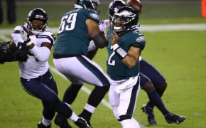 Jalen Hurts throwing a pass for the Philadelphia Eagles