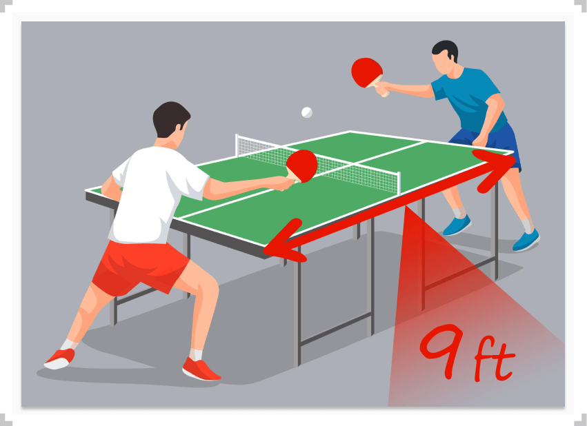 Table tennis players with arrow indicating 9 foot table length 