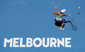 Australia's Ashleigh Barty making a forehand return during a tennis match.