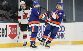 Anders Lee celebrates a goal for the New York Islanders