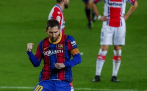 Lionel Messi celebrating after scoring a goal during the Spanish La Liga soccer match.