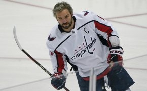 Alex Ovechkin skating in warmups without helmet on