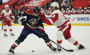 Detroit Red Wings defenseman Marc Staal pushing Florida Panthers center Aleksander Barkov off the puck during an NHL game.