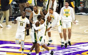 Norfolk State players celebrate after beating Morgan State