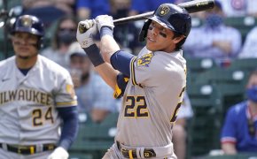 Christian Yelich takes a cut against the Cubs