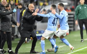 Manchester City players and coach celebrate