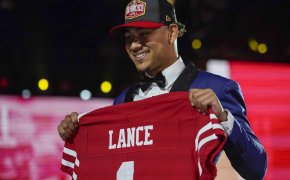 Trey Lance shows off his 49ers jersey