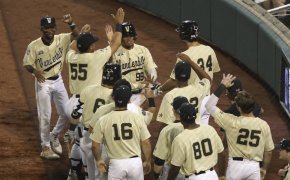 The Vanderbilt baseball team celebrating by their dugout