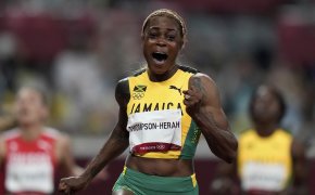 Elaine Thompson-Herah reacting to winning the 100 metres final at the 2020 Olympics.