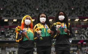 Jamaican women sprinters on the podium