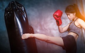 image of a kick boxer kicking a punching bag