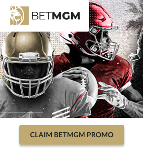 BetMGM logo with football players red white gold jerseys
