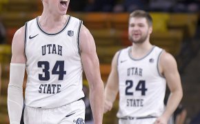 Utah State forward Justin Bean screaming in celebration