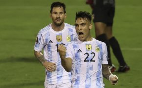 Argentina players celebrate goal scored