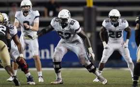Connecticut offensive lineman Noel Ofori-Nyadu on the field for the Huskies