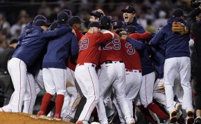 The Boston Red Sox celebrating a Wild Card victory over New York