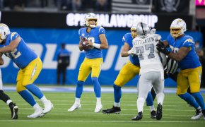 Los Angeles Chargers quarterback Justin Herbert standing in the pocket