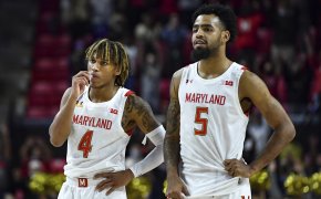 Maryland guards Fatts Russell and Eric Ayala on the court
