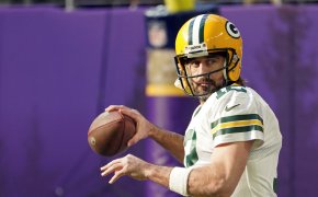 Green Bay Packers quarterback Aaron Rodgers warming up before a NFL football game.