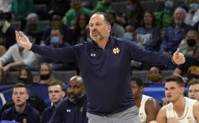 Notre Dame coach Mike Brey yelling at an official