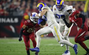 Los Angeles Rams wide receiver Cooper Kupp running with the ball during a football game.