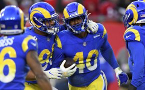 Los Angeles Rams outside linebacker Von Miller celebrating with teammates