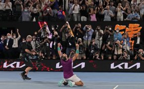 Rafael Nadal celebrating after winning the 2022 Australian Open.