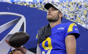 Los Angeles Rams' Matthew Stafford celebrating after winning the 2022 NFC Championship Game