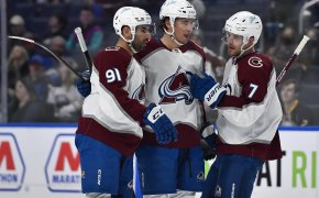 Avalanche players celebrate goal