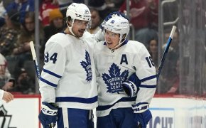 Toronto Maple Leafs Mitch Marner and Auston Matthews celebrating a goal