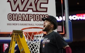 New Mexico State guard Teddy Allen after winning the 2022 WAC Tournament