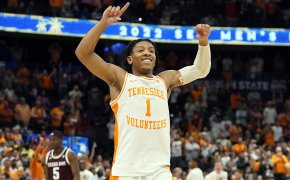 Tennessee guard Kennedy Chandler celebrating his team's SEC Tournament title victory