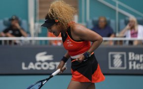 Naomi Osaka reacting after she wins a match during the Miami Open.