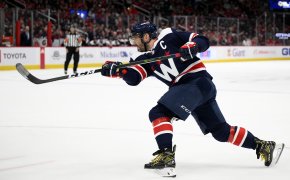 Washington Capitals left wing Alex Ovechkin letting go a one-timer.